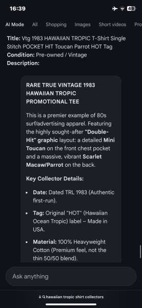 Hawiian Tropic dated 1983 pocket hit Double Parrot, HOT Tag, Size Large