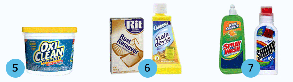 Essential Stain removers: Oxy, Rit, Carbona, Spray and Wash, Shout