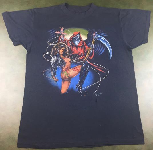 Vintage 1989 3D Emblem Graphic Biker Reaper Sexy T-Shirt