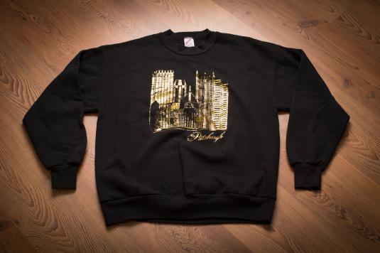 Distressed Pittsburgh Sweatshirt, Gold Gilt Cityscape, Baggy