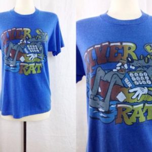 Vintage 80s River Rat Funny Beer Blue T Shirt Sz L