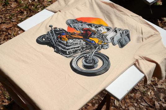 Vintage 1980s Honda Custom Motorcycle Beige Cotton T Shirt M