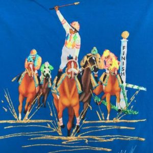 Vintage 1980s Blue Hand Painted Horse Race T-Shirt L Hanes