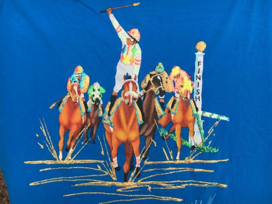 Vintage 1980s Blue Hand Painted Horse Race T-Shirt L Hanes