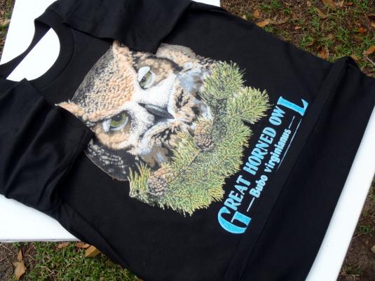 Vintage 1991 Black Great Horned Owl Cotton T Shirt L