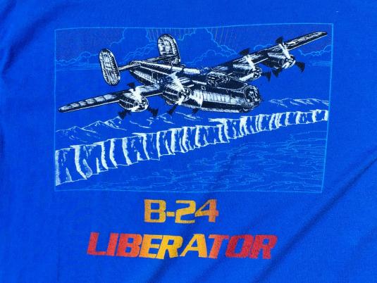 Vintage 1980s B-24 Liberator Military Airplane Blue T-Shirt