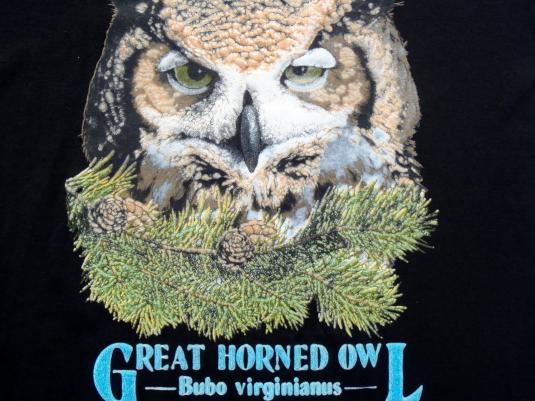 Vintage 1991 Black Great Horned Owl Cotton T Shirt L
