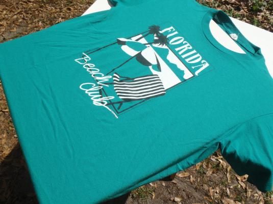 Vintage 1980s Teal Green Florida Beach Club Souvenir T Shirt L