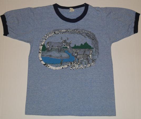 Vintage Soft Thin Heathered Blue DEER Forest Ringer T-Shirt