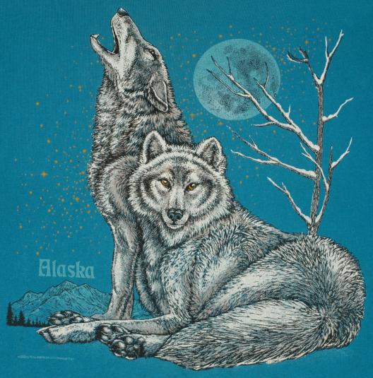 Vintage 1980s Alaska Wolves Moonlight Blue T-Shirt Wolf
