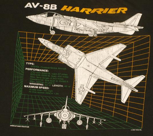 Vintage 1980s Harrier Jet AV-8B V/STOL US Military T-Shirt