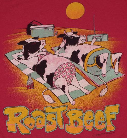 Vintage 1980s Roast Beef Cows Summer Beach T-Shirt