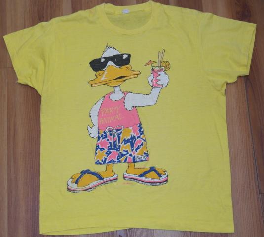 Vintage 1980s Duck Party Animal Yellow Screen Stars T-Shirt