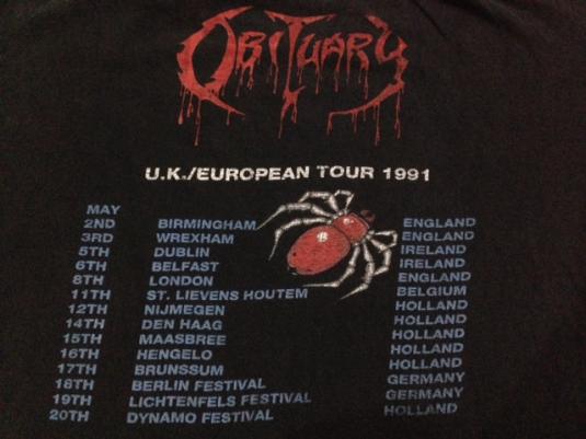 Vintage 1990 Obituary Cause Of Death Tour T-Shirt 1991 L/M