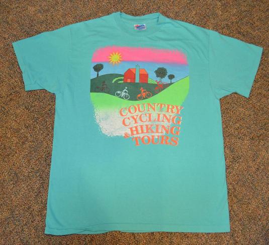 Vintage 80s T-Shirt Country Cycling Hiking Tours Neon Sz L