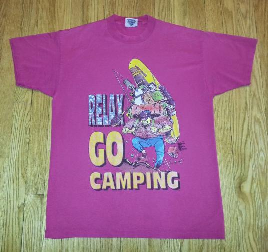 Vintage 90s Relax Go Camping T-Shirt Caricature Funny Sz L