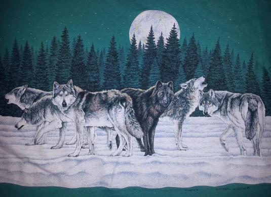 VTG90s Wolves T-Shirt Wraparound Dark Wolf Howling L/XL