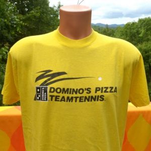 vintage DOMINO'S pizza team tennis t-shirt yellow 80s