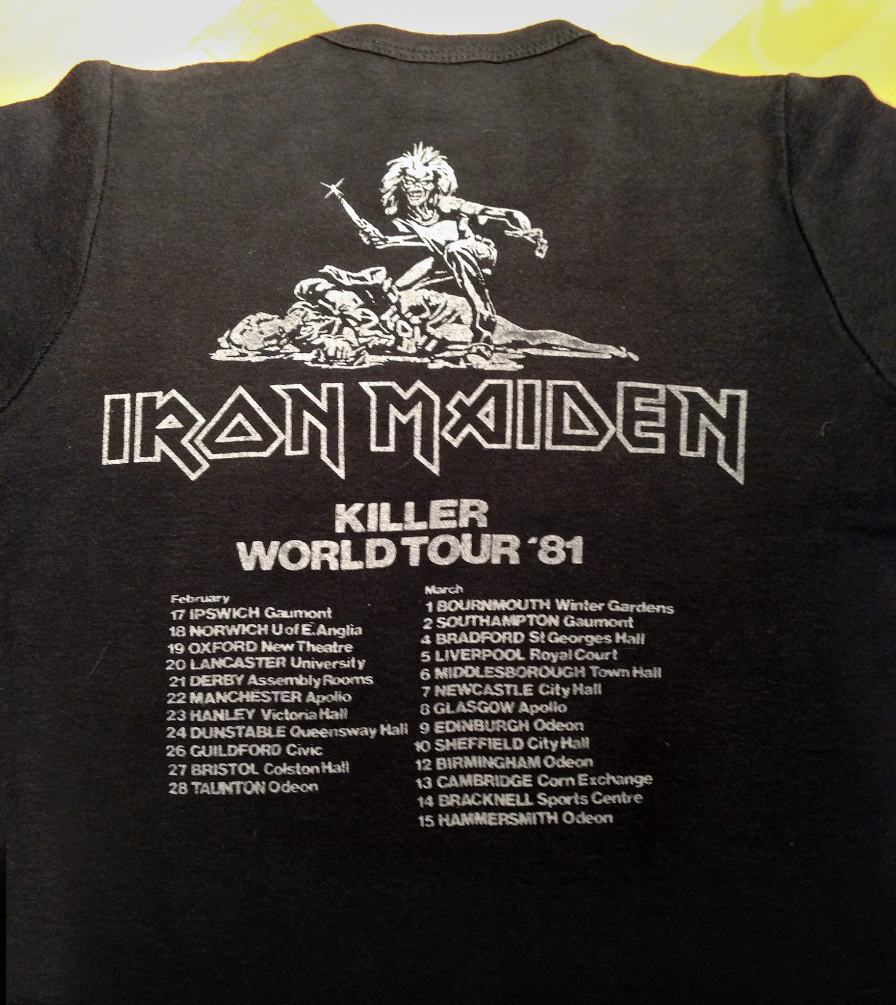 vintage iron maiden killer world tour back t-shirt tour stops
