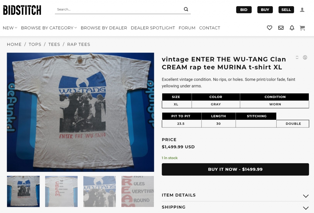 Bidstitch Listing for VINTAGE Enter the Wu Tang C.R.E.A.M. T-Shirt