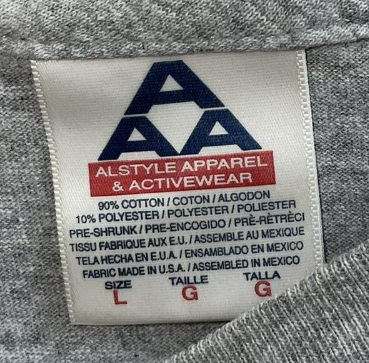 Alstyle Apparel and Activewear (AAA) 90% cotton 10% polyester Made in USA