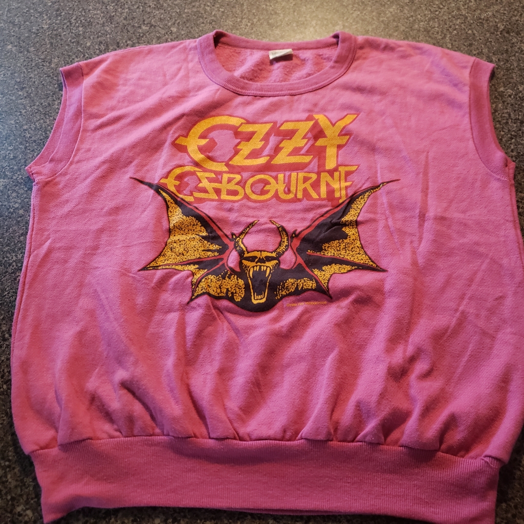Vintage Ozzy Osbourne Bat with Fangs Pink Sleeveless Sweatshirt