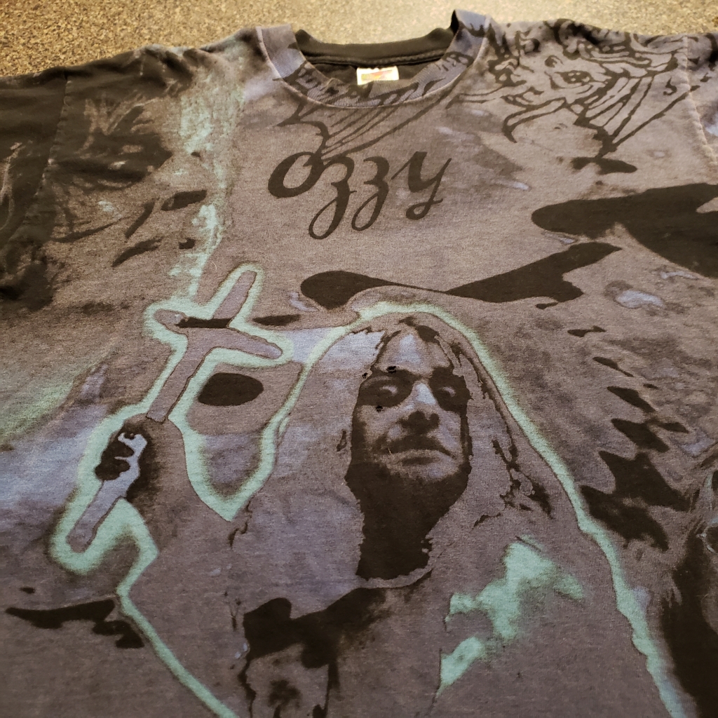 vintage 1990s Ozzy Osbourne all over print t-shirt front with cross