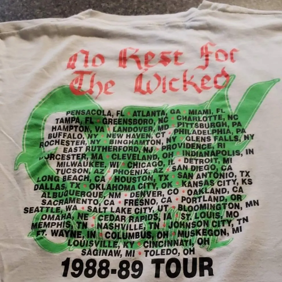 Vintage Ozzy No Rest for the Wicked White t-shirt Tour Locations Back