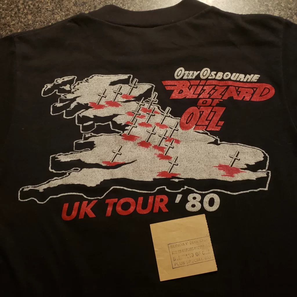 vintage 1980 ozzy osbourne blizzard of oz UK tour t-shirt back with ticket stub