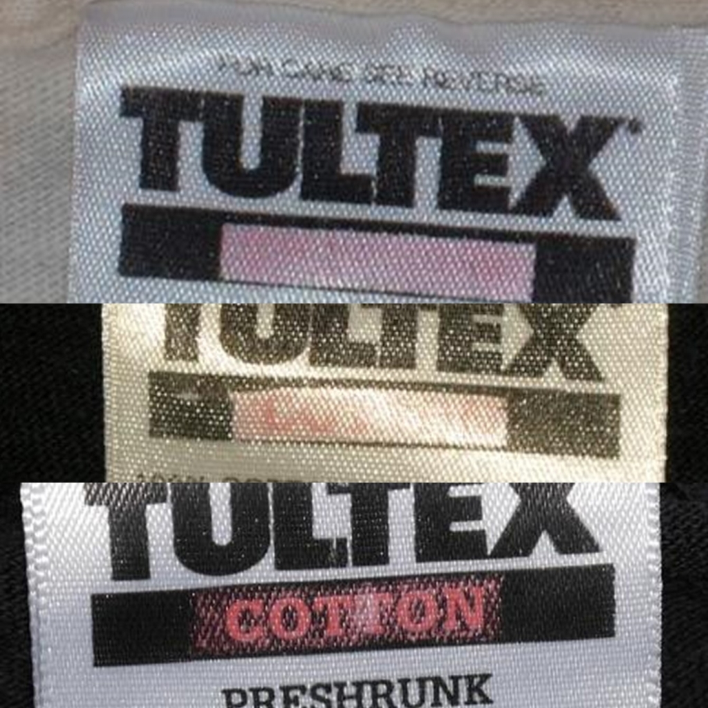 vintage tultex t-shirt tags with "cotton" text on tag fading 