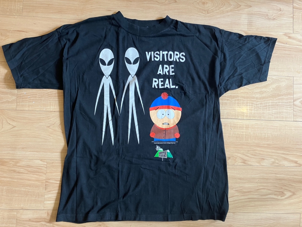 vintage 1990s south park visitors are real t-shirt aliens cartman