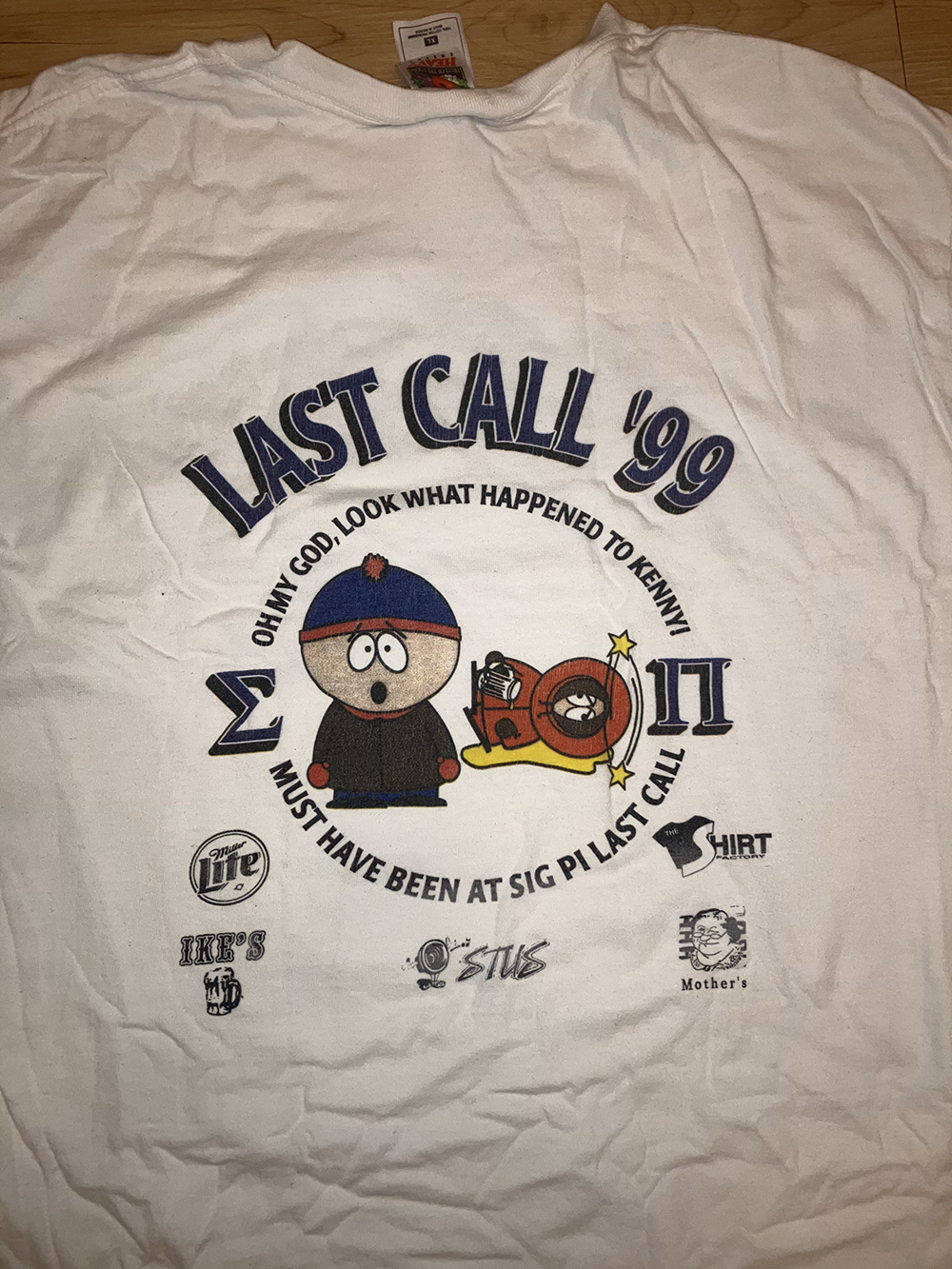 vintage bootleg south park t-shirt 1999 last call fraternity sig pi
