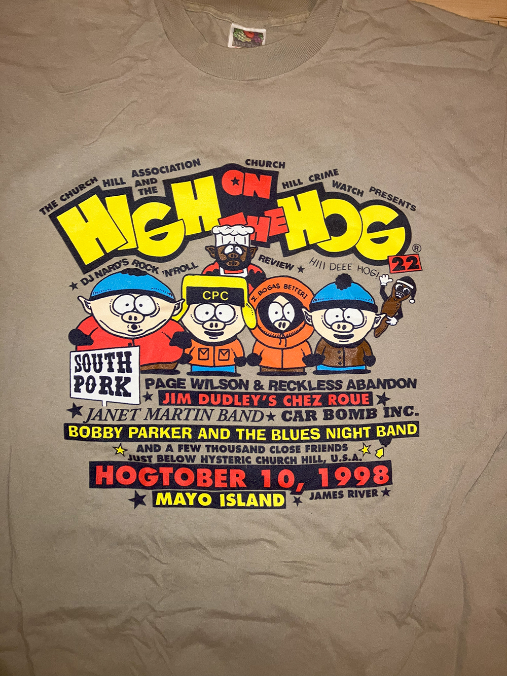 vintage bootleg 1998 south park t-shirt high on the hog page wilson jim dudley bobby parker james river mayo island