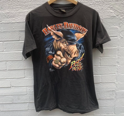 Vintage 1987 Harley Bad To The Bone Hog 3D Emblem  T-Shirt