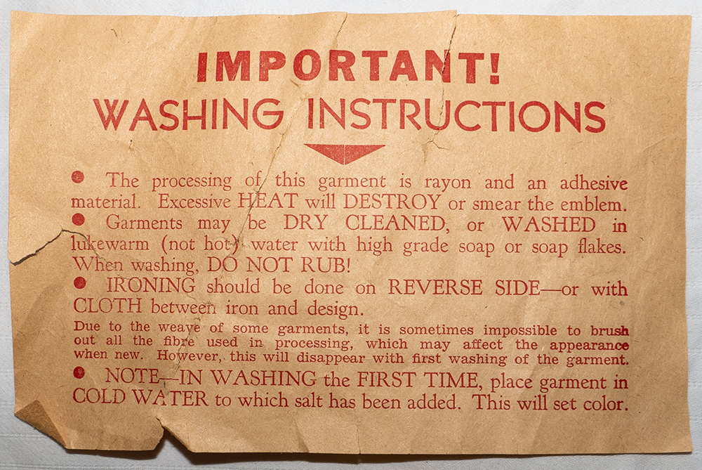 washing instructions placard included with t-shirt