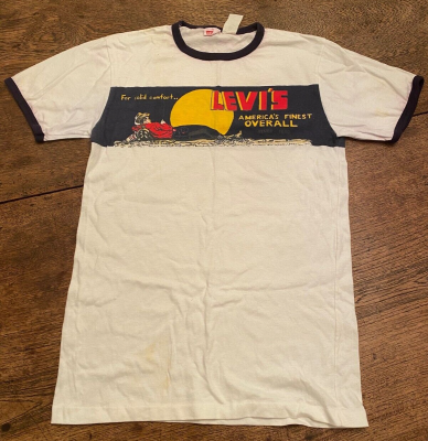 Vintage 70s Levi's Cowboy Overall Ringer T Shirt Red Tab Western 2 SIDED