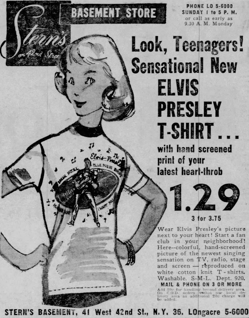 Ad for Elvis t-shirt at Stern's basement in New York 