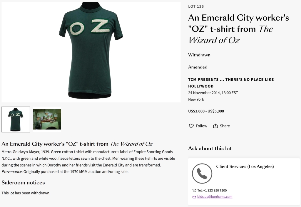 Bonhams auction for t-shirt claimed to be screen worn from Wizard of Oz