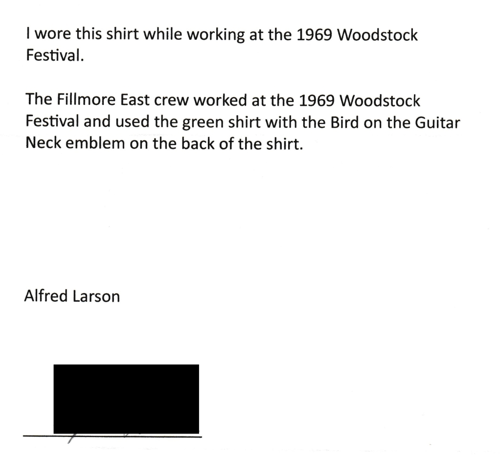 Letter of provenance for Woodstock t-shirt, Alfred Larson, Fillmore East Crew