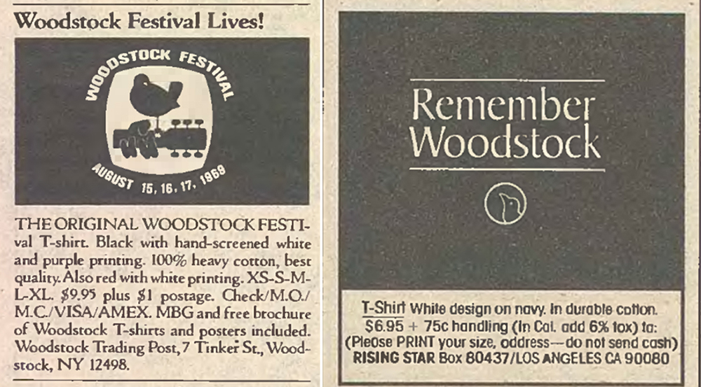 Two ads for Woodstock t-shirts in Rolling Stone Magazine