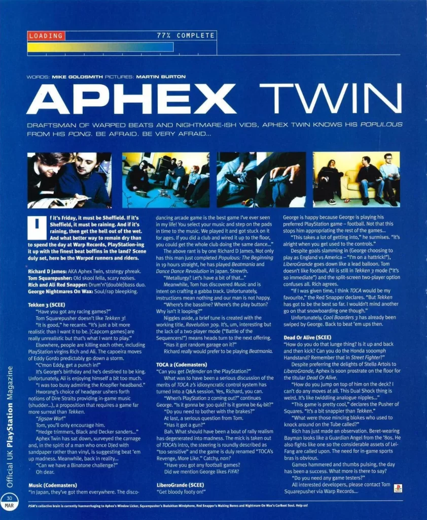 Blue poster advertising Aphex Twin with a 77% complete loading bar, large APHEX TWIN title, four small image thumbnails, and columns of text.