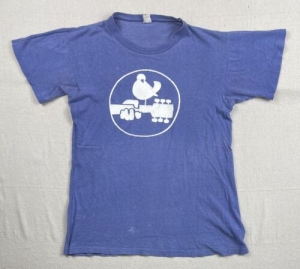 vintage bootleg woodstock t-shirt blue shirt white print, circle border