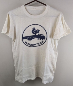 vintage bootleg woodstock t-shirt white shirt black print, circle border