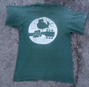 vintage bootleg woodstock t-shirt green shirt, white fill print, circle border