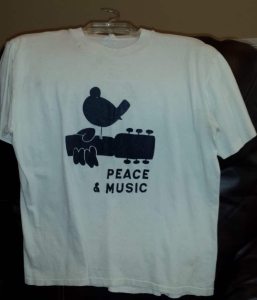 vintage bootleg woodstock t-shirt white shirt, black print, no border peace & music