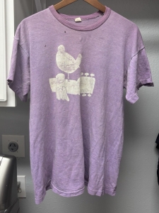 vintage bootleg woodstock t-shirt purple shirt white print, no border