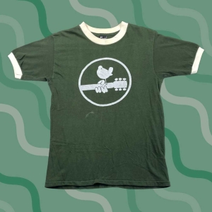 vintage bootleg woodstock ringer t-shirt green shirt, white print, circle border